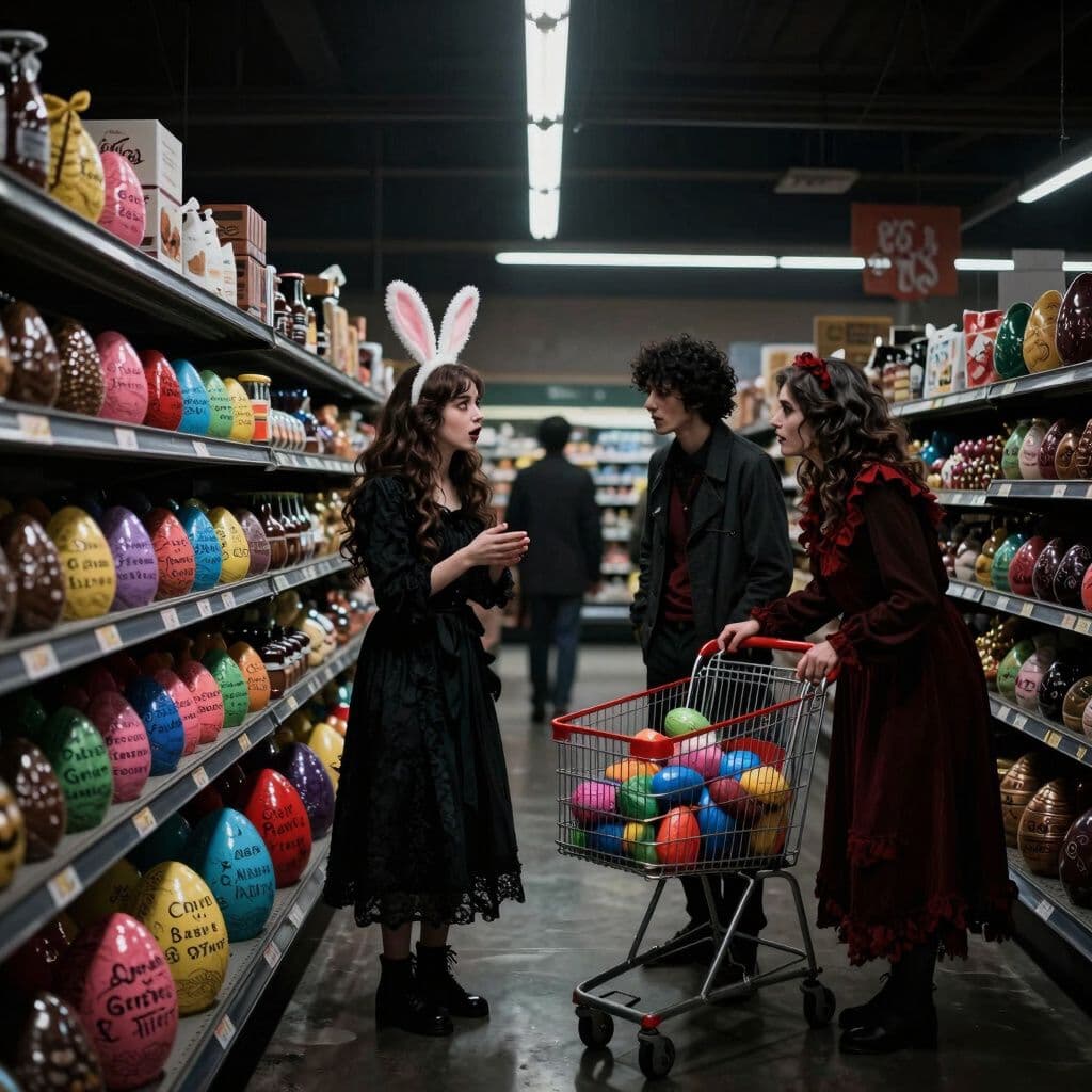 Dark gothic dream scene, moody shadows, dramatic chiaroscuro, ominous atmosphere, deep blacks with muted crimson, digital art: A group of friends inside a brightly lit supermarket decorated for Easter, stocking shelves with colorful chocolate eggs, while one woman talks animatedly about marriage and unusual surnames, with her mother nearby helping with shopping.
