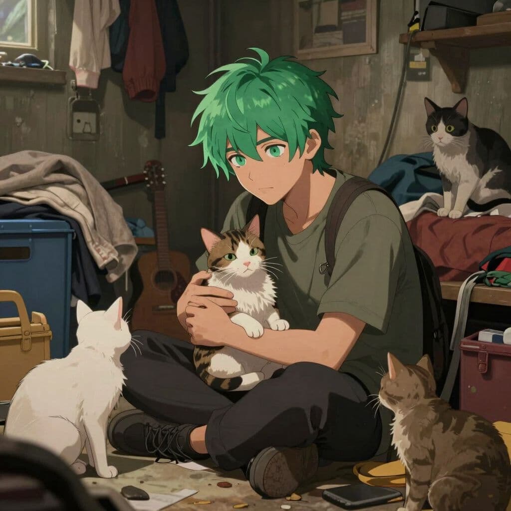 Surreal dream scene, cinematic and atmospheric, digital art: A young man with vibrant green hair and pale green eyes shares a warm moment in a cozy, cluttered homeless shelter filled with friendly cats and supportive companions.