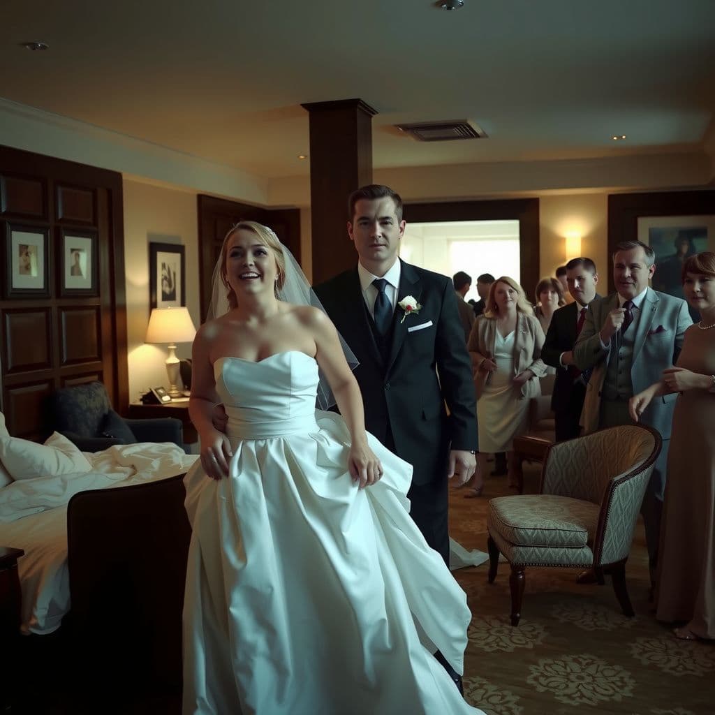 Surreal dream scene, cinematic and atmospheric, digital art: A nervous bride and her attentive groom hurriedly prepare for their wedding in a bustling hotel room filled with excited family members from both sides, capturing a mix of anticipation, confusion, and chaotic coordination moments before the ceremony.