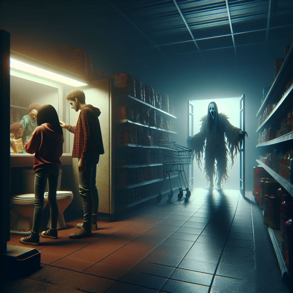 Surreal dream scene, cinematic and atmospheric, digital art: A tense scene in a dimly lit, abandoned supermarket where a young couple cautiously hides inside a small restroom, surrounded by eerie figures including a man in a lion costume, as suspense builds with a mysterious zombie threat lurking just outside the locked door.