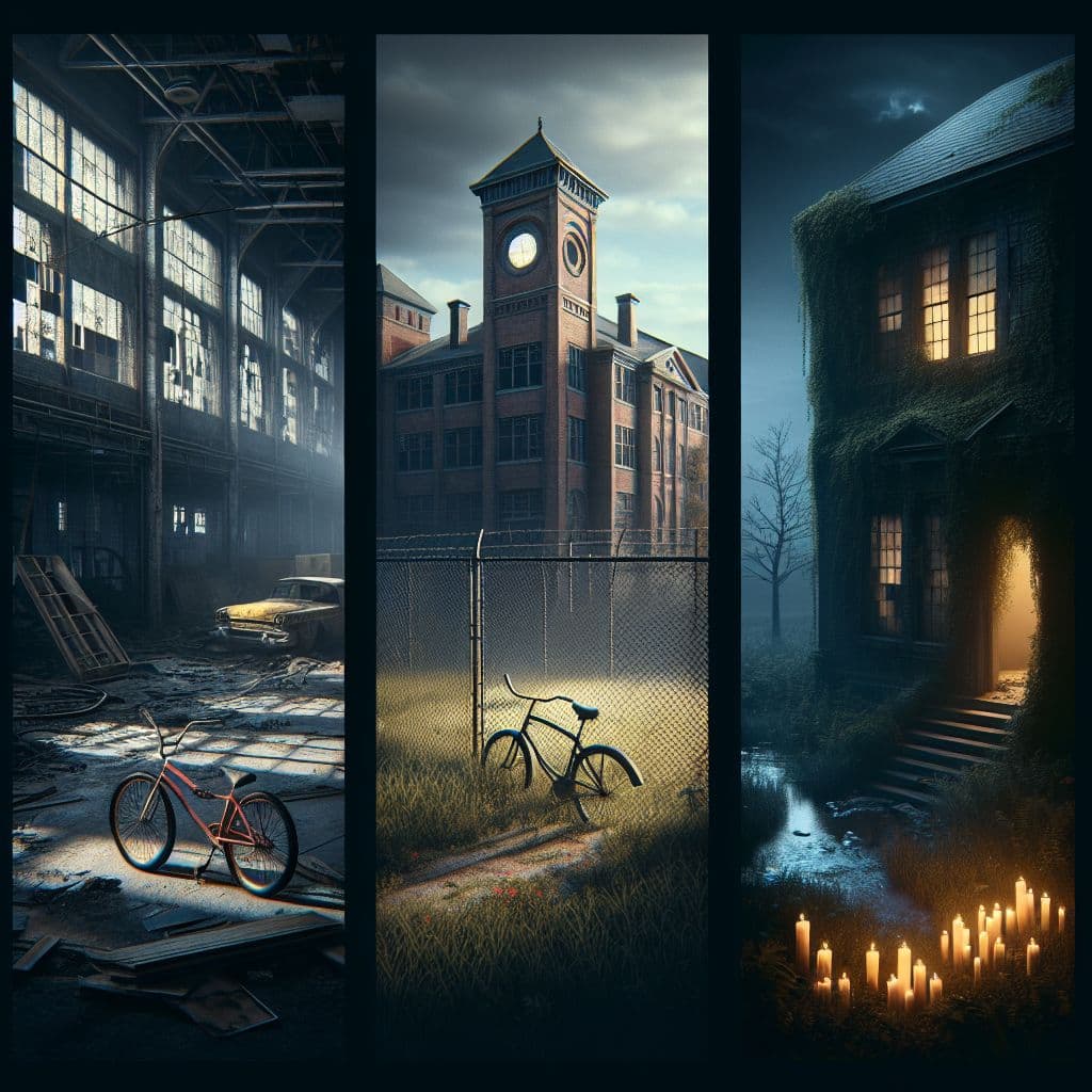 Digital art 4k scene from a movie: Explore an abandoned factory with broken windows, a deserted school with a bike stuck randomly in the fence, and a mysterious dark house with candles leading into a basement where a ritual is taking place.