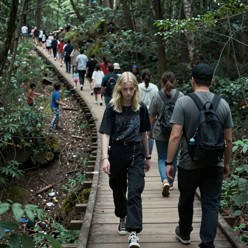 Surreal dream scene, cinematic and atmospheric, digital art: A slim 18-year-old girl with shoulder-length blonde wolf cut hair, bluish-green eyes, wearing black cargo pants and a dark Y2K shirt, walks with her parents on a crowded wooden bridge surrounded by a dense forest, as a long line of people moves forward along a narrow, unstable dirt trail on a cliffside, with children playing ahead and a leader urging the group to keep moving and stay together.