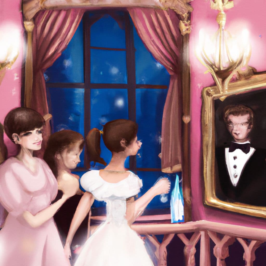 Digital art, As the dreamer discovers they are in a dream, they find themselves in a beautiful Barbie-like mansion with their sister, wearing pearls and a fuzzy pink shirt, and searching for someone to dance with in the ballroom.