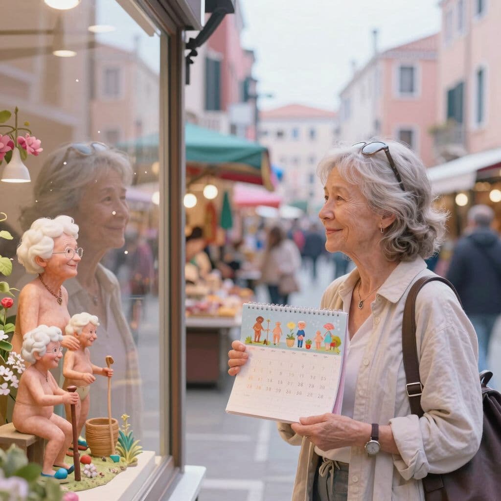 Ethereal dream scene, soft luminous haze, pastel glow, gentle floating light, delicate atmosphere, digital art: A thoughtful middle-aged woman stands in a bustling Venetian market filled with colorful stalls and tourists, gazing at her reflection in a shop window where she sees an older version of herself smiling gently while holding a whimsical calendar featuring cheerful, nude elderly pensioners posing with gardening tools.