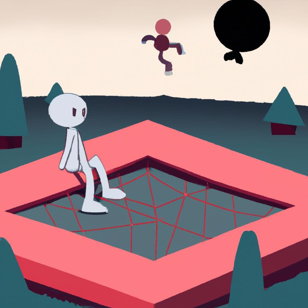 Digital art, Square man sits on the trampoline, anxiously waiting for his friend to join him outside, but when his friend doesn't show up, he embarks on a frantic search, only to stumble upon a bone on the ground, leading to a devastating chain of events.