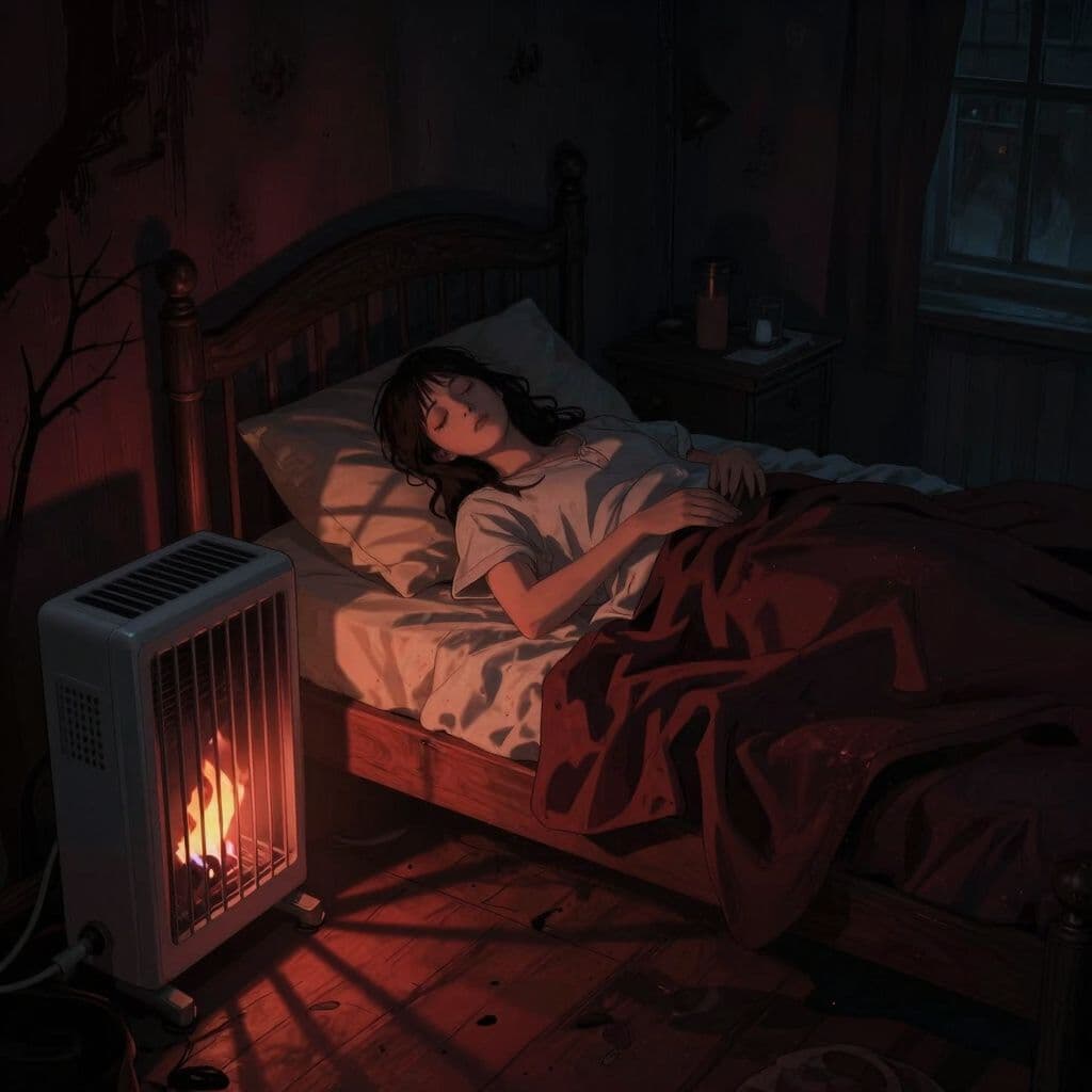 Dark gothic dream scene, moody shadows, dramatic chiaroscuro, ominous atmosphere, deep blacks with muted crimson, digital art: A person waking up in a cozy bedroom filled with warm sunlight, looking relieved after a vivid dream about a heater causing a small fire, with gentle details of a turned-off heater nearby and soft morning colors.