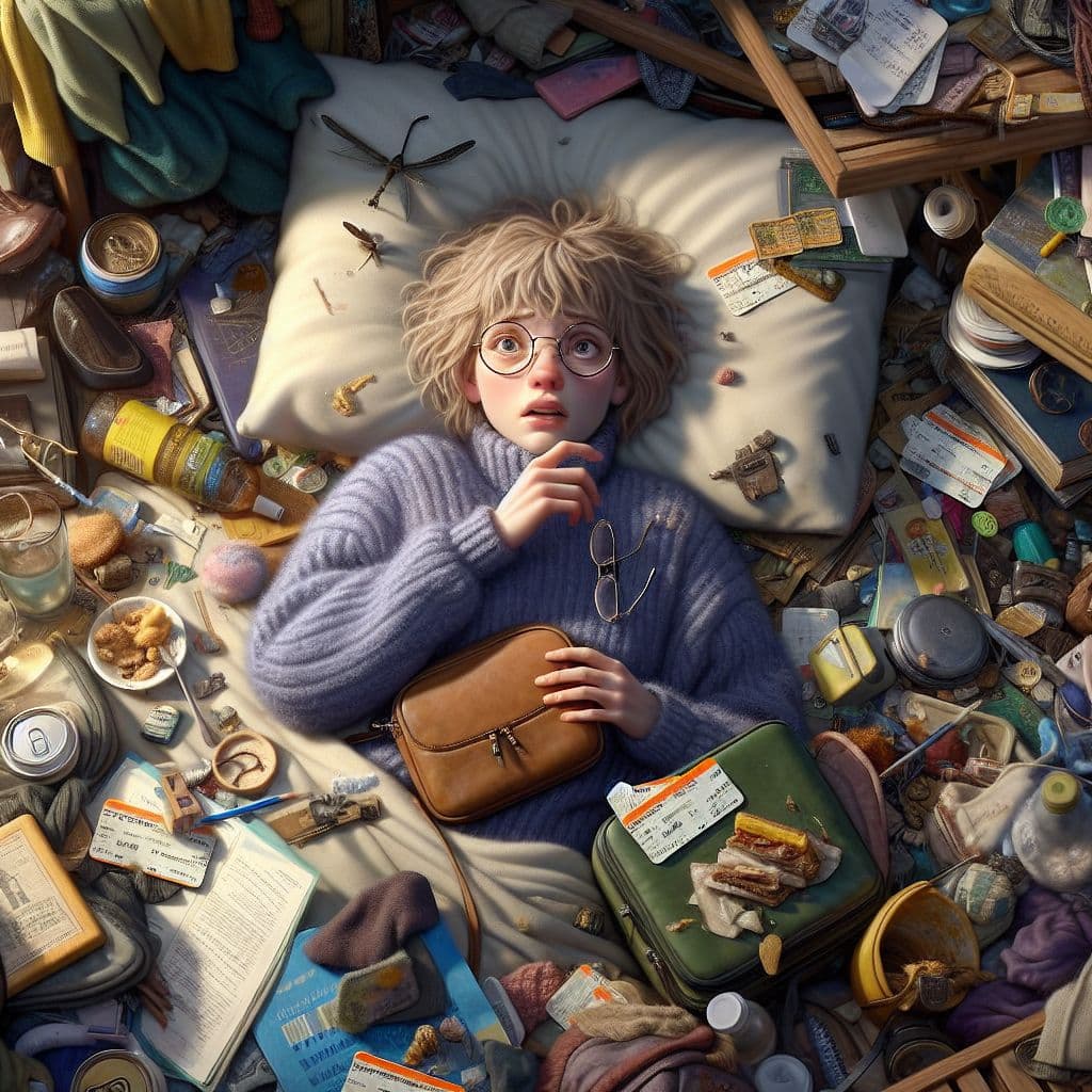 Digital art 4k scene from a movie: In a cluttered room, a confused individual wakes up alone in a friend's house, finding only a glasses case and railroad tickets in her empty purse, struggling to clean up and remember where she's supposed to be staying.