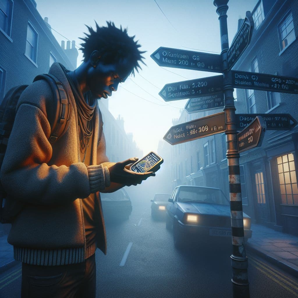 Digital art 4k scene from a movie: In a state of confusion and disorientation, a lost individual finds themselves wandering through unfamiliar neighborhoods with a non-functioning GPS, feeling mentally unbalanced and unsure of how to navigate their way back home.