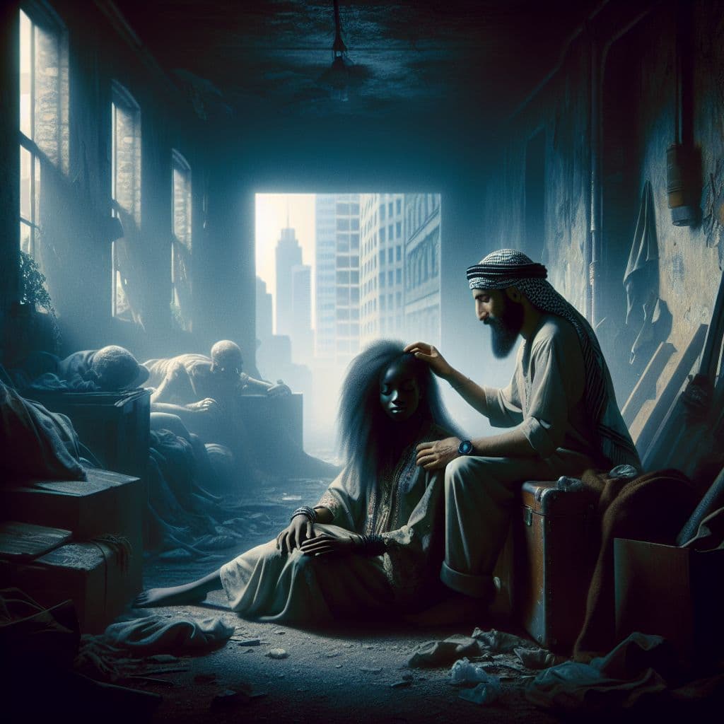 Surreal dream scene, cinematic and atmospheric, digital art: A couple barricades themselves inside a dimly lit, run-down apartment during a zombie apocalypse, sharing a quiet moment as the boyfriend strokes the girlfriend's hair, with a tense atmosphere outside hinting at danger lurking beyond the windows.