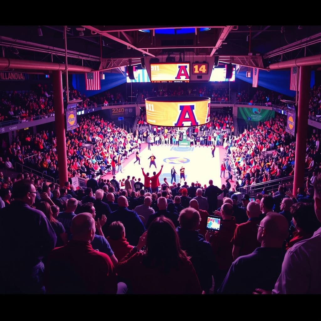 Surreal dream scene, cinematic and atmospheric, digital art: A vibrant, packed local basketball stadium filled with thousands of enthusiastic fans watching a college game between Villanova (#11) and Arizona (#14), featuring a giant team banner in the parking garage and a lively crowd, capturing the energetic atmosphere before tip-off.