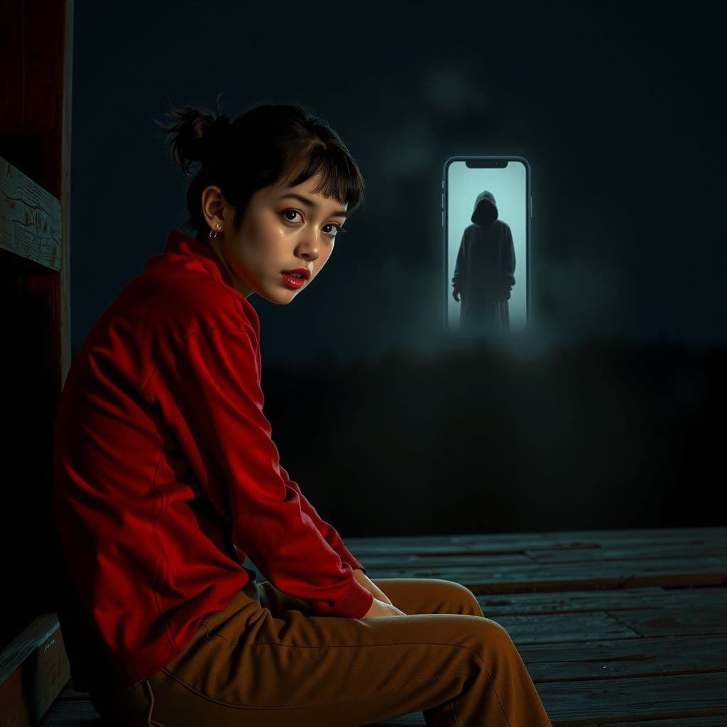 Surreal dream scene, cinematic and atmospheric, digital art: A frightened young woman sitting on a wooden porch at night, looking distressed and tearful, after escaping a shadowy, eerie figure that emerged from her phone screen, with a dark, suspenseful atmosphere surrounding them.