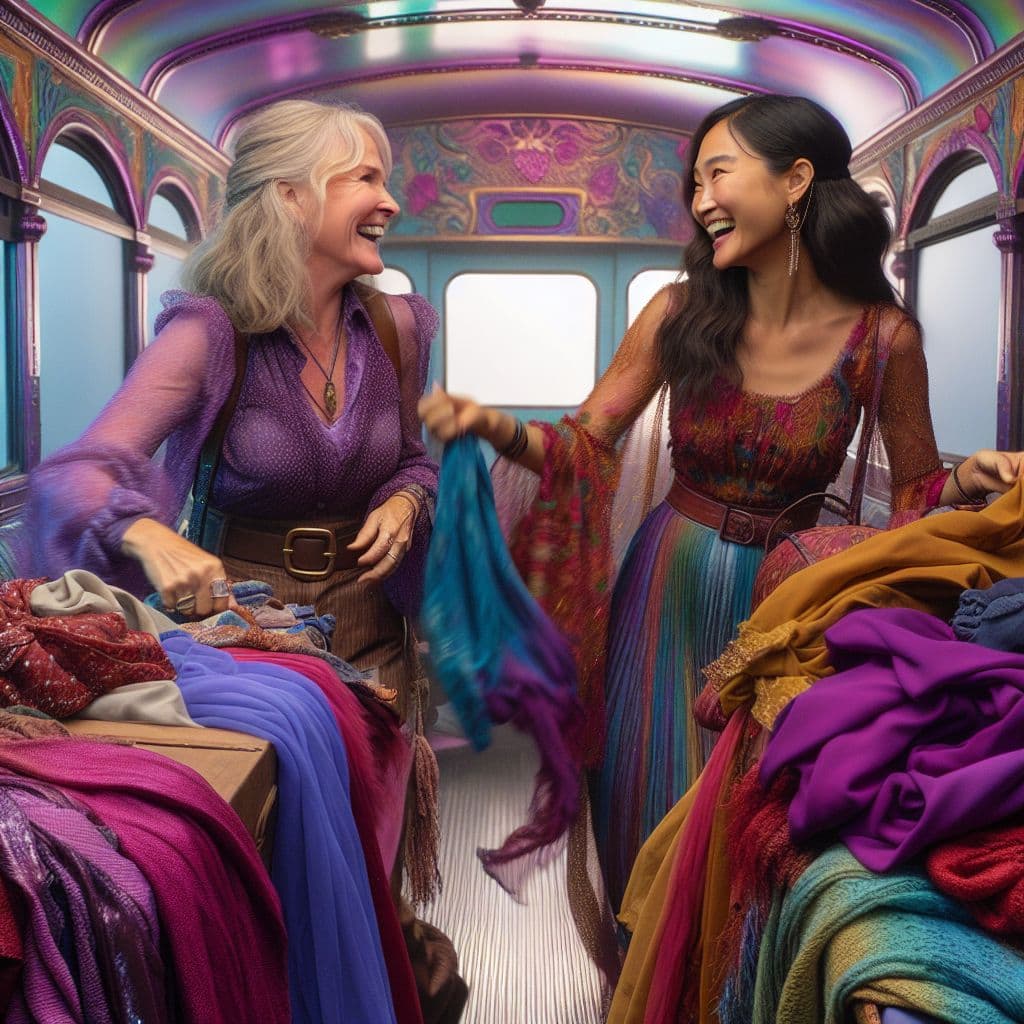 Digital art 4k scene from a movie: In a whimsical scene, Debbie and Phyllis are both dressed in vibrant, eclectic outfits, laughing as they ride around in a colorful converted bus, surrounded by bags of clothes in various shades of purple, blue, and burgundy.