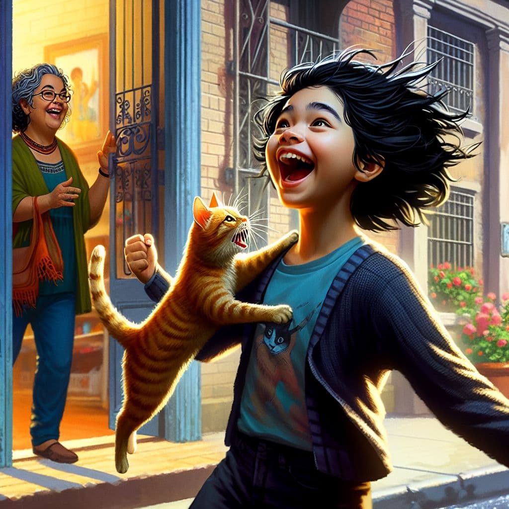 Digital art 4k scene from a movie: Capture the moment of a young girl joyfully reuniting with her missing cat on the street as she excitedly exclaims to her mom 'Orion's back, she's back!'