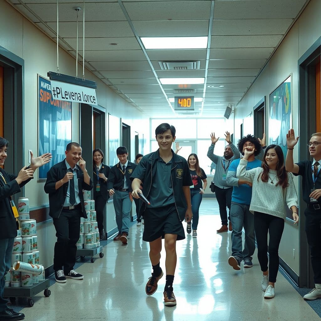 Surreal dream scene, cinematic and atmospheric, digital art: A surreal scene of a teenager wandering freely through a lively school hallway filled with cheering students, using a futuristic spy pen to peacefully resolve conflicts, while collecting stacks of cans and bottles, as various students, including law enforcement officers and lawyers, celebrate with joyful dancing.