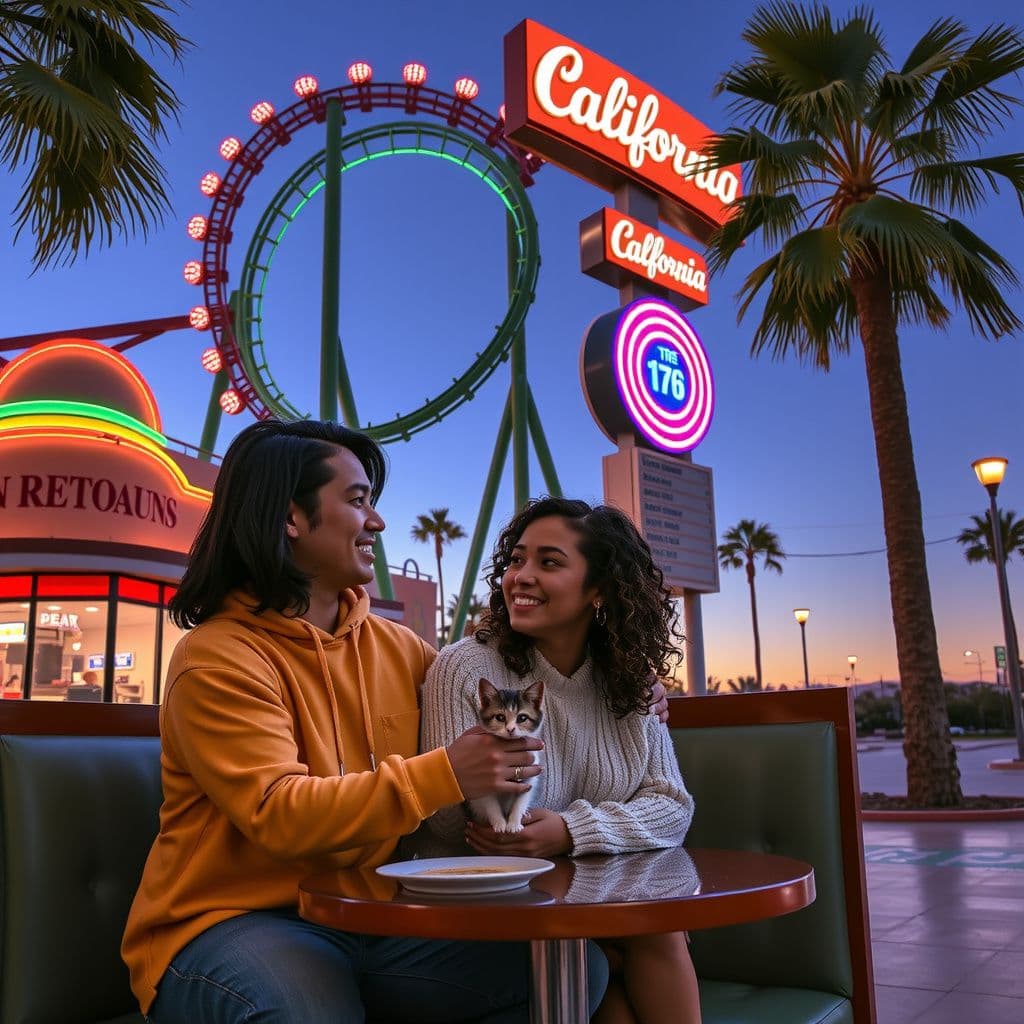 Surreal dream scene, cinematic and atmospheric, digital art: A woman at a lively California theme park rides a twisting green roller coaster with her boyfriend and his friend, while recalling finding a small kitten in her hotel room wearing a pink outfit, bringing it home, and sharing a cozy moment eating ham and bean soup in an empty fast food restaurant.