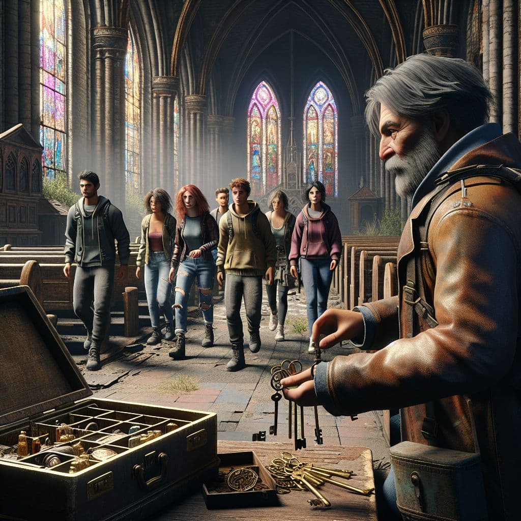 Digital art 4k scene from a movie: A group of friends exploring an abandoned church find a mysterious man with keys offering them the chance to go through boxes of items left behind.