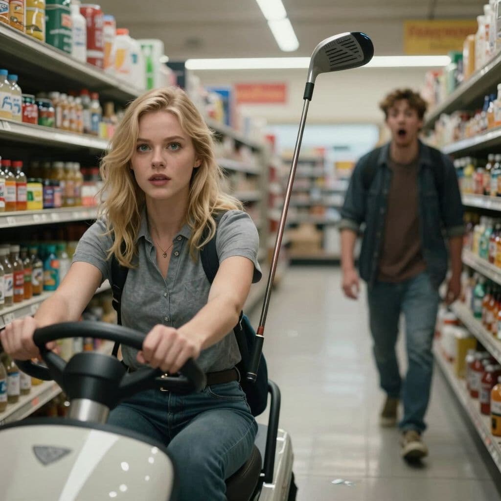 Surreal dream scene, cinematic and atmospheric, digital art: A young blonde woman with bluish-green eyes and a wolf cut to her shoulders controls a flying golf club with a remote while driving alongside her mother, then brings it into a store where the golf club hovers next to a startled man as they walk down an aisle.