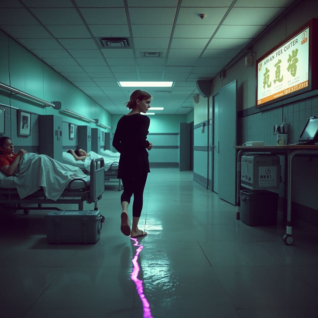 Surreal dream scene, cinematic and atmospheric, digital art: A homeless young woman quietly navigates an old-fashioned hospital at night, passing sleeping patients and an Asian food court with teal walls, while feeling a sense of eerie familiarity and carrying a mysterious purple line on her foot after an experimental injection.