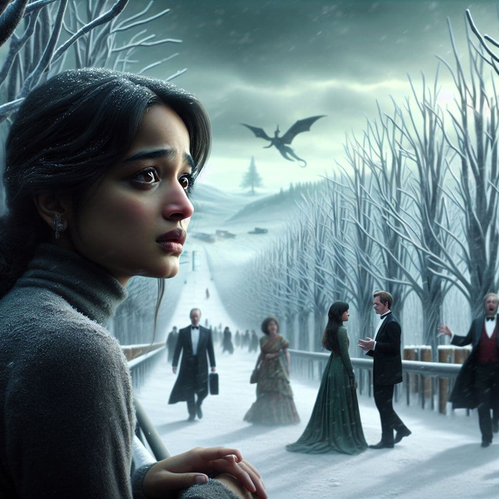 Digital art 4k scene from a movie: She walked home from her failing college classes, the landscape around her stark and daunting, until she found herself at a fancy restaurant where an encounter with loud businessmen made her rethink her relationship with her brother.