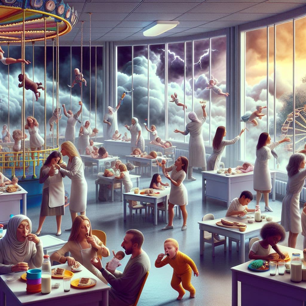 Digital art 4k scene from a movie: In a surreal dreamscape, a group of adults find themselves in a daycare setting where everyone acts like children, complete with caregivers offering sandwiches and milk, and at night they sleep on a rocking Ferris wheel that moves towards a ceiling window revealing a stormy sky outside.