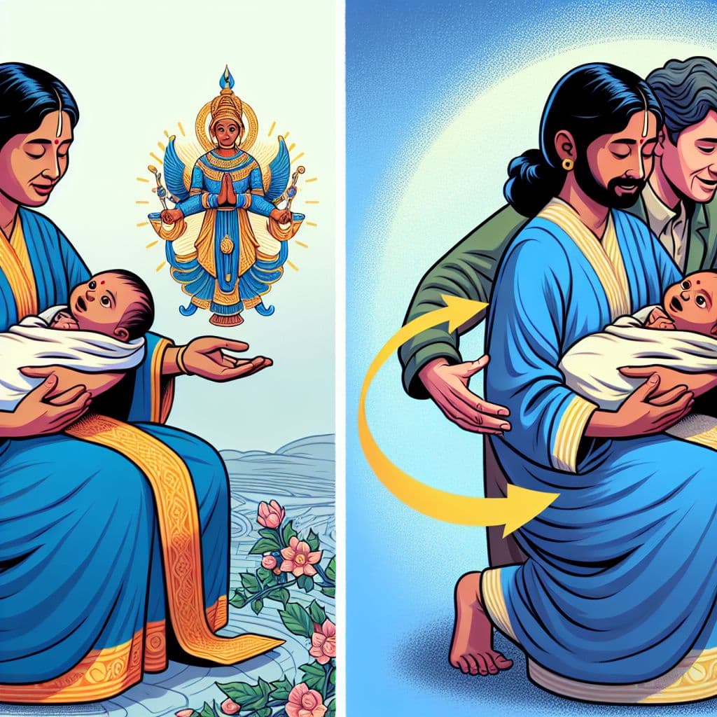 Digital art 4k scene from a movie: Create an image of a woman in a bathtub, holding a baby on her back while handing a bloody placenta to a man, transitioning from a cartoon to reality where the man is reaching out for a hug instead.