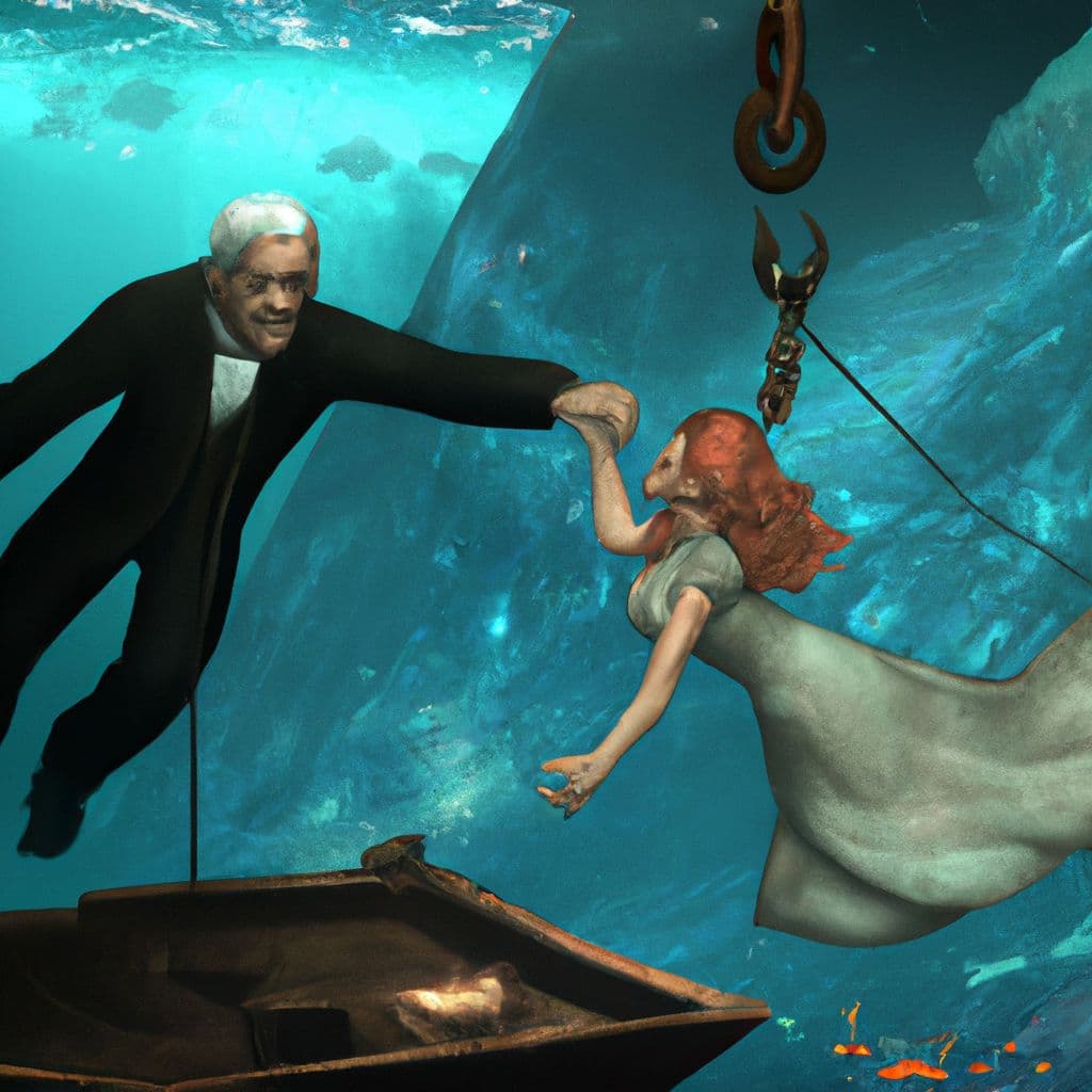Digital art, The DALL-E generated image depicts a young woman diving into a shipwrecked Titanic to retrieve the Heart of the Ocean necklace while being guided by a silver fox-like older man.