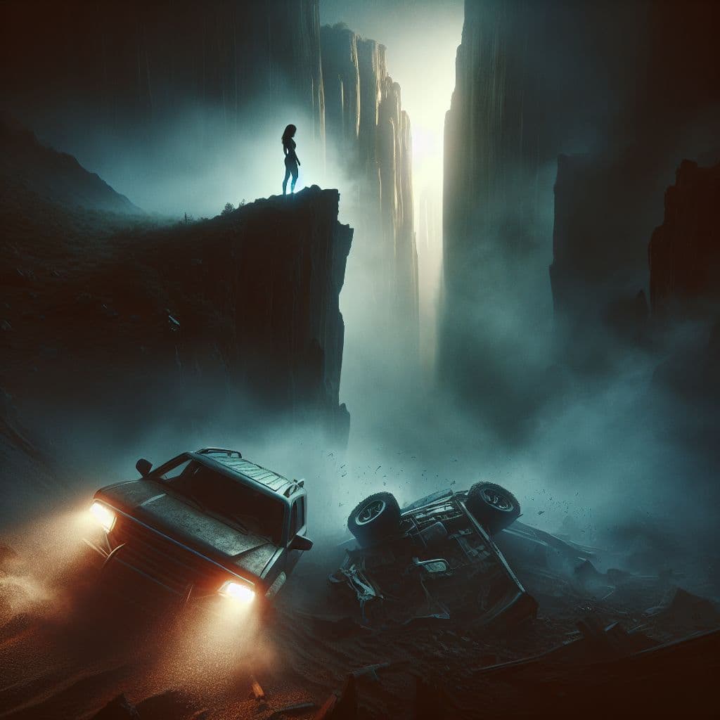 Digital art 4k scene from a movie: Generate an image of a person standing on the edge of a cliff, looking down at a car that has crashed at the bottom.