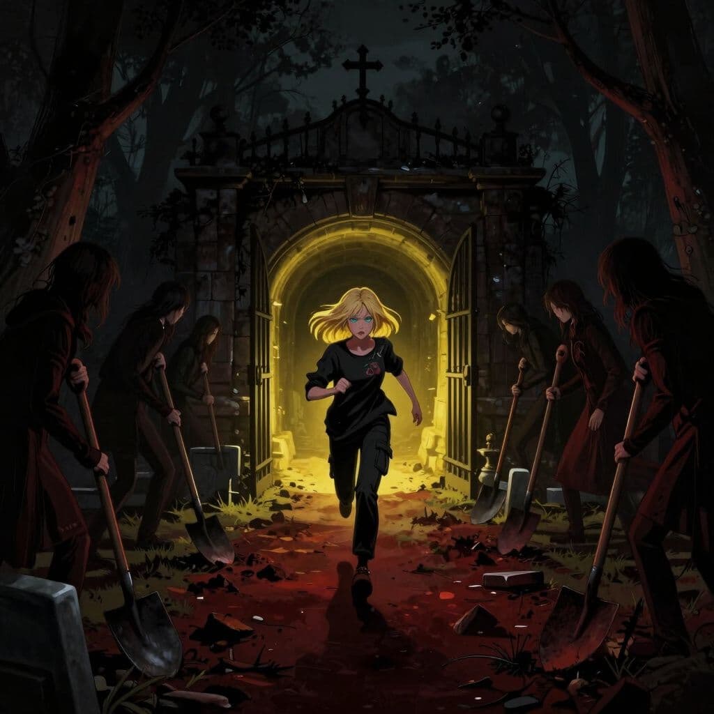 Dark gothic dream scene, moody shadows, dramatic chiaroscuro, ominous atmosphere, deep blacks with muted crimson, digital art: A blonde-haired girl with bluish-green eyes wearing black cargo pants and a dark Y2K shirt runs out of a glowing underground tunnel with a bright yellow light at the gated entrance, surrounded by a group of people carrying shovels in a park, as they decide to search for a new place to dig near a graveyard.