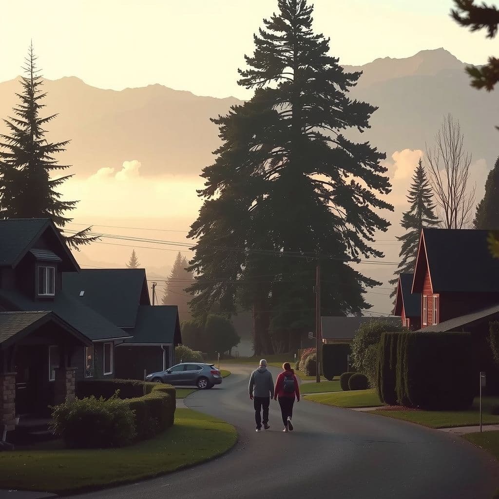 Surreal dream scene, cinematic and atmospheric, digital art: A serene, storybook-like Pacific Northwest neighborhood at dusk with gentle hills, tall trees shrouded in a soft haze, and a group of friends walking together along winding paths under warm, diffused light.