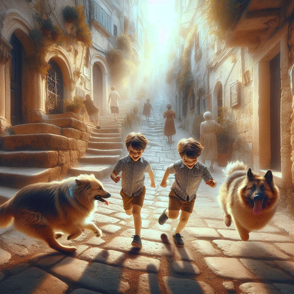 Surreal dream scene, cinematic and atmospheric, digital art: A heartwarming scene of two clever twin boys around six years old running playfully through narrow, winding alleys of a charming southern European neighborhood, accompanied by a large fluffy German Shepherd, under warm spring sunlight, with an ancient stone staircase and vibrant locals in the background.