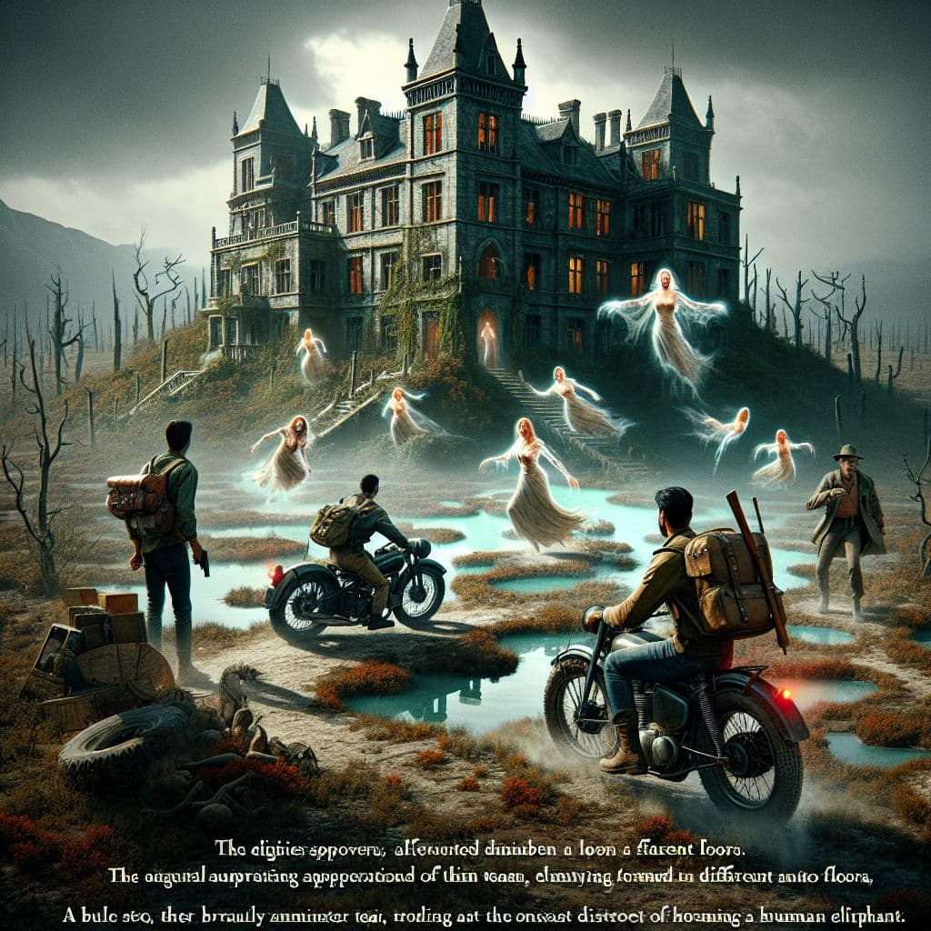 Digital art 4k scene from a movie: In a ghost house, a team of explorers and researchers arrive at a big mansion filled with cruel entities, made of stones and surrounded by dry land, with a leader and assistant arriving on a Royal Enfield, encountering beautiful lady and fair gentleman ghosts on two or three floors, who start killing team members in various ways until only two escape to a wetland made of human excretion, where they are attacked and killed by a big elephant.