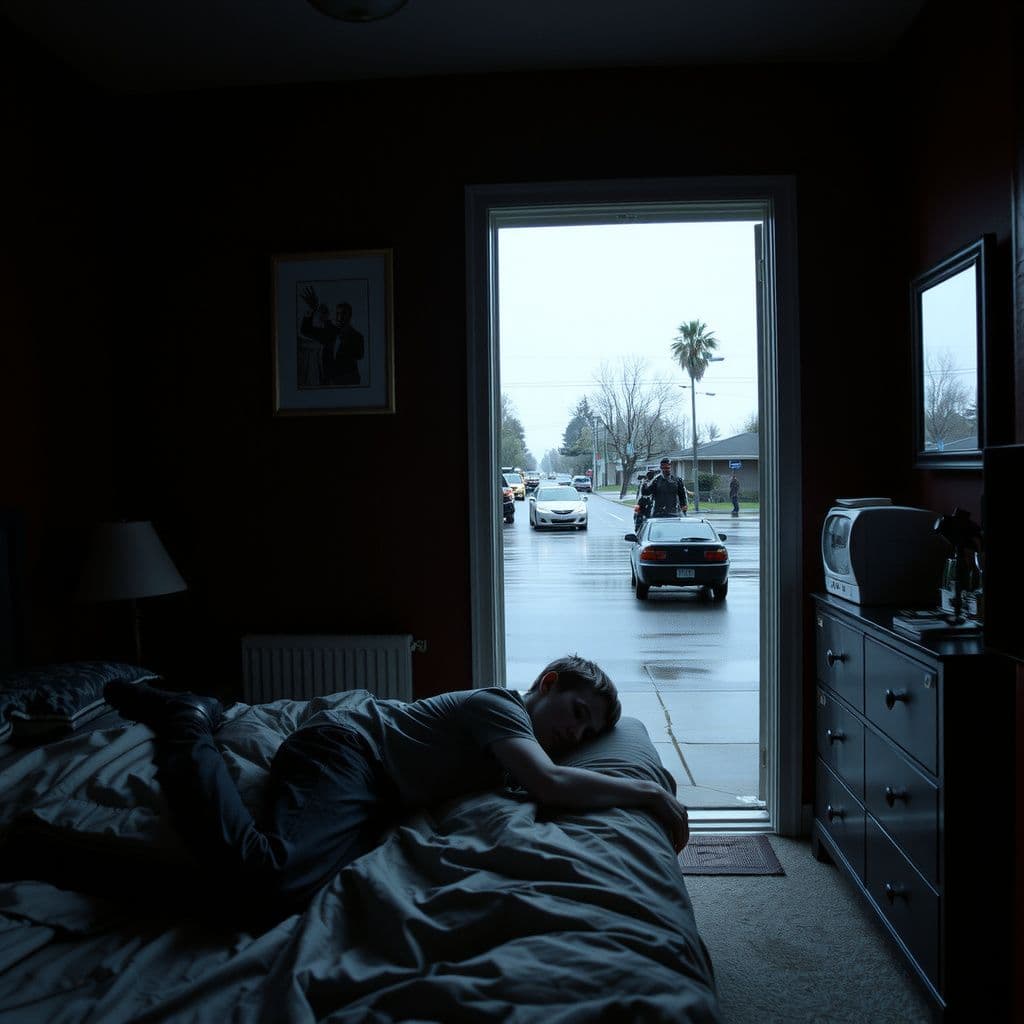 Surreal dream scene, cinematic and atmospheric, digital art: A tense and surreal scene of a young man hiding under a bed in a neighbor’s bedroom while mysterious men in black burst through the door, with a chaotic parade of unusual vehicles passing outside the window in a suburban neighborhood.
