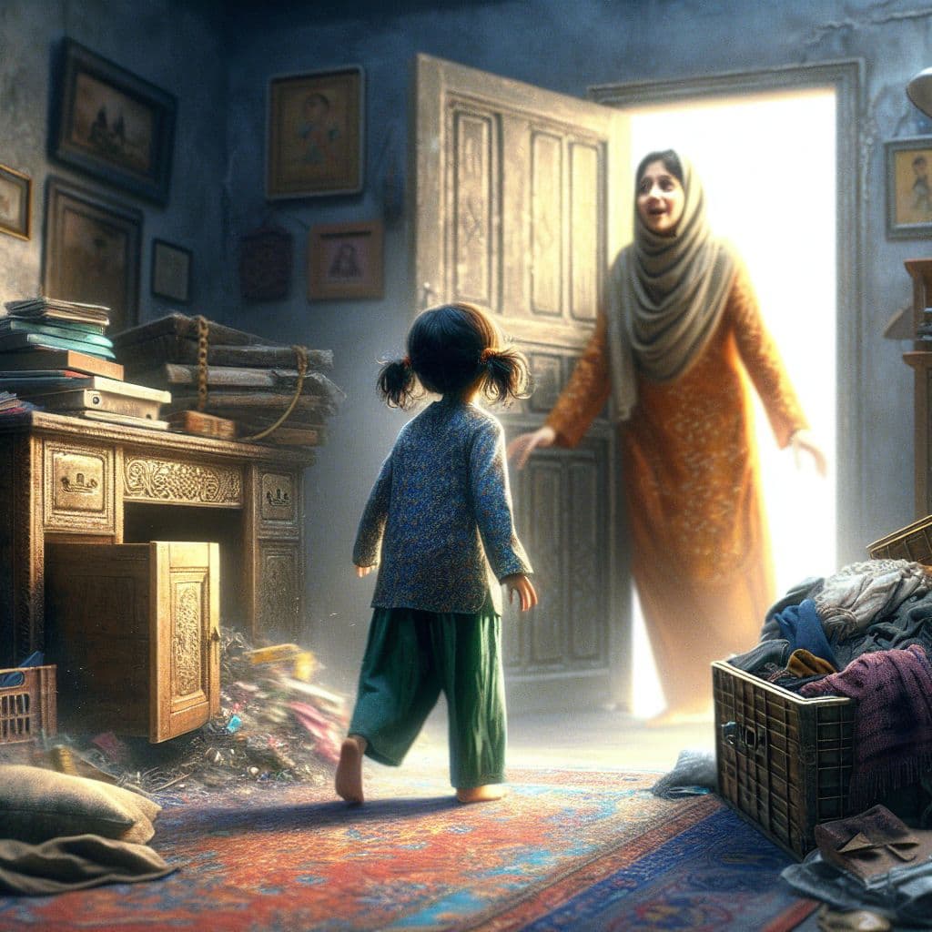 Digital art 4k scene from a movie: As she slowly removed the clutter from the floor of her room, a hidden basement began to reveal itself, eagerly anticipating her mother's astonished expression upon discovery.