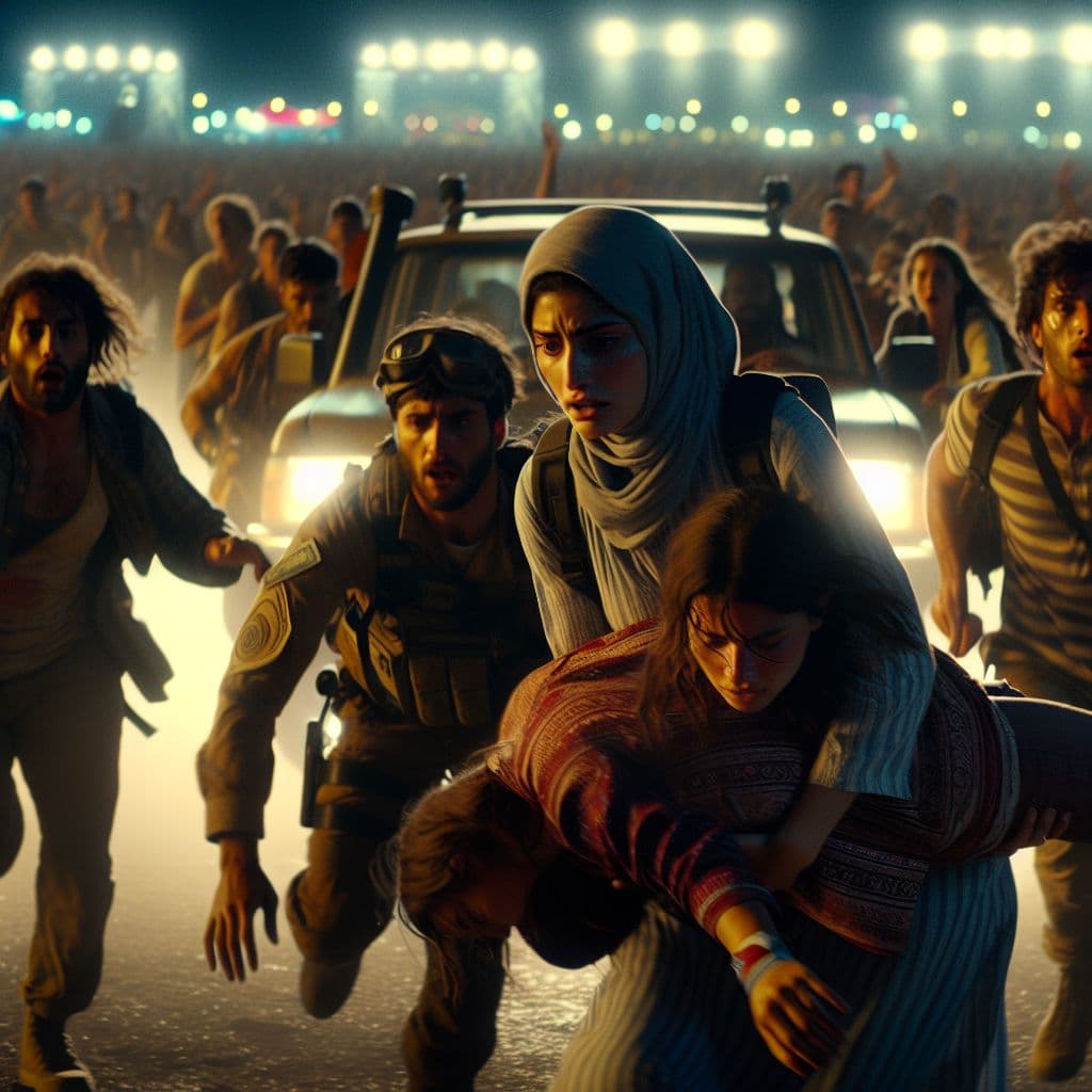 Digital art 4k scene from a movie: Generate an image of a panicked group of friends running from a shooter at a concert, with a brave woman helping one of them into a car to escape.