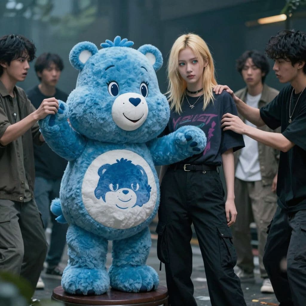 Surreal dream scene, cinematic and atmospheric, digital art: A popular 18-year-old girl with shoulder-length blonde wolf cut hair and bluish-green eyes, wearing black cargo pants and a dark Y2K shirt, stands beside a Care Bear whose arms are awkwardly positioned, while a frustrated group of people try to adjust the bear’s arms for a perfect photo shoot.