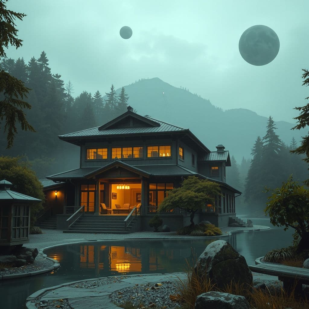 Surreal dream scene, cinematic and atmospheric, digital art: A serene, magical abandoned resort and hot springs inspired by Studio Ghibli, with a glowing Japanese bathhouse, an old theater, a hotel surrounded by an ancient forest, crystal-clear river reflecting the enchanting transformation from ruins to a lively, whimsical hidden world.
