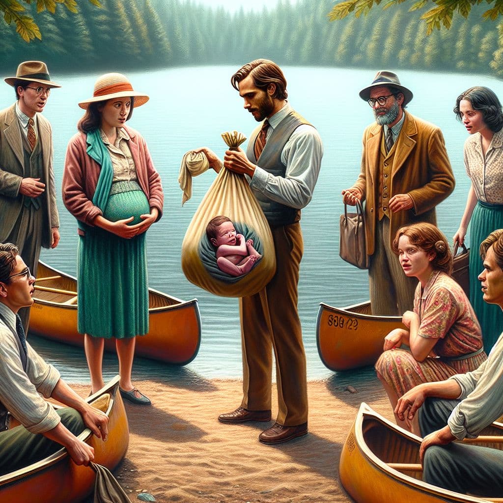 Digital art 4k scene from a movie: An adventurous group of friends and family find themselves at a line of canoes at the edge of a serene lake, but when one cousin offers a mysterious bag containing an unborn baby as a seatmate, confusion and unexpected obstacles ensue.