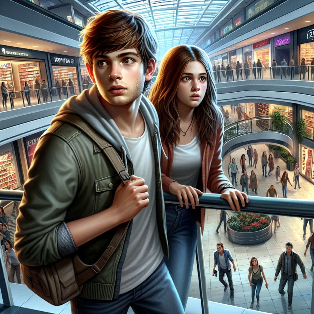 Digital art 4k scene from a movie: The characters from 'The Fault in our Stars' are trying to evade dangerous individuals in a large mall, constantly on the lookout to avoid being caught by them.