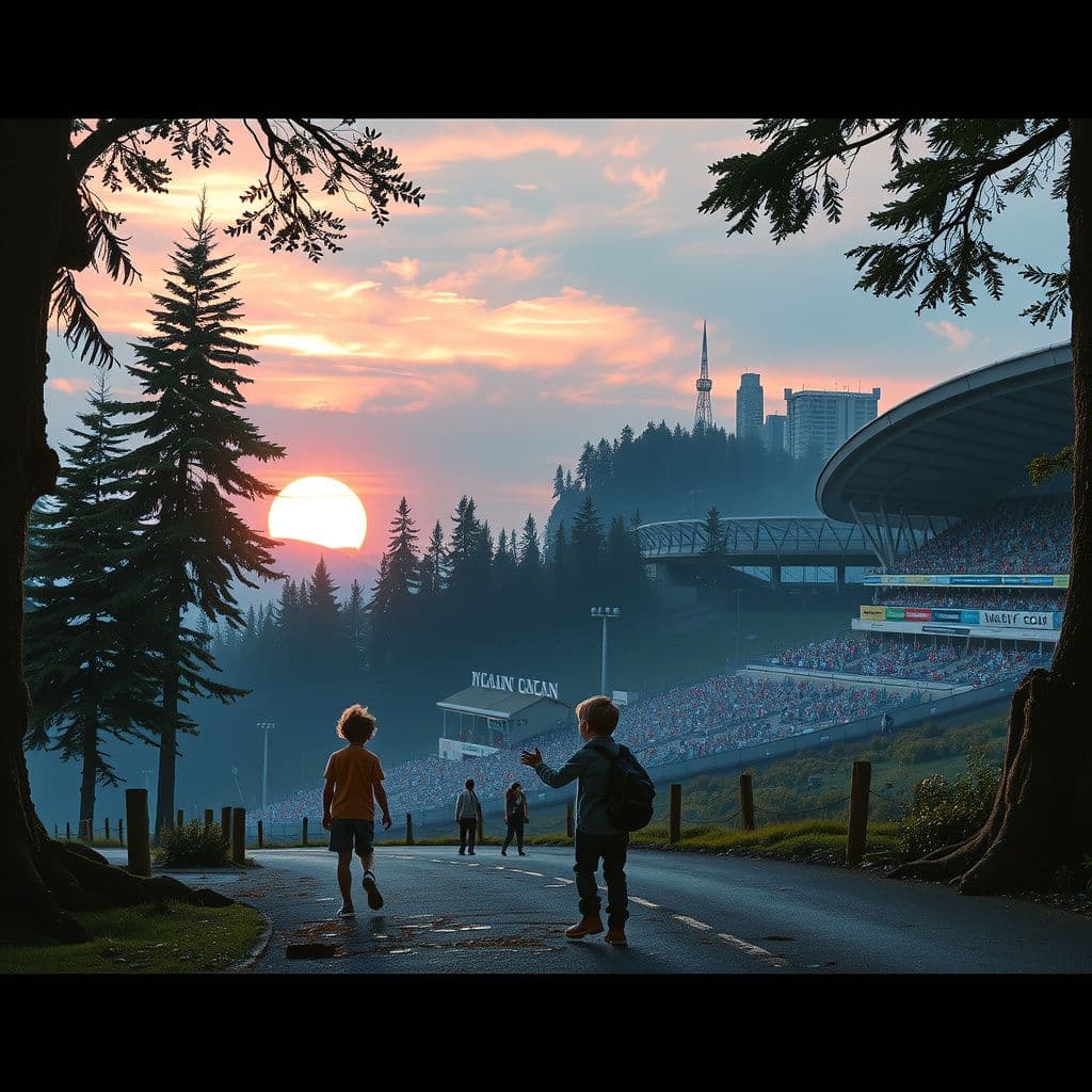 Surreal dream scene, cinematic and atmospheric, digital art: A young child and their friend travel through a mysterious forest to a secret music festival, meet a kind boutique owner who helps them with clothes, then are helped by a famous racecar driver who takes them to his luxury home and stadium to watch an exciting car race while they stay hidden from pursuers.