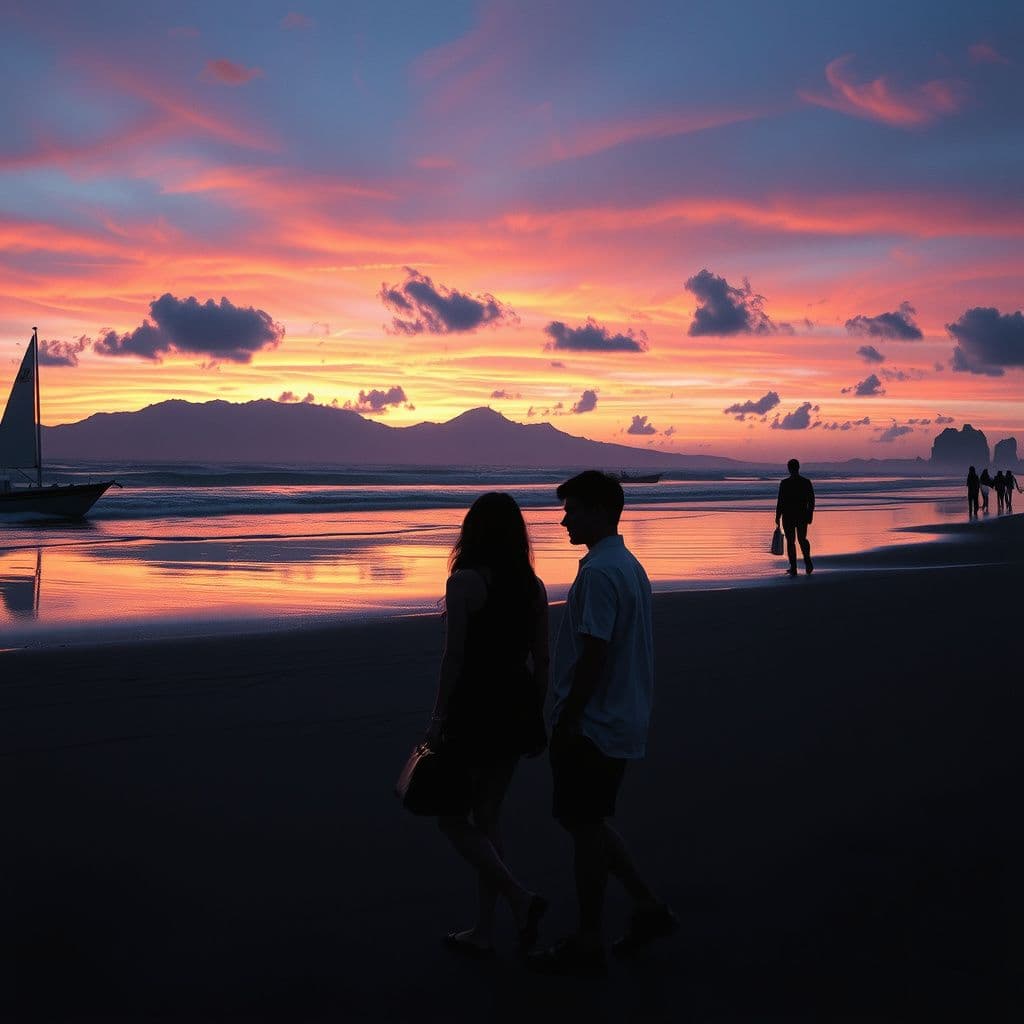 Surreal dream scene, cinematic and atmospheric, digital art: A surreal beachside resort at dusk where a person carrying many bags meets an alternate version of a familiar friend while shadowy, ghostly figures linger just out of direct sight, visible only through reflections and recordings.