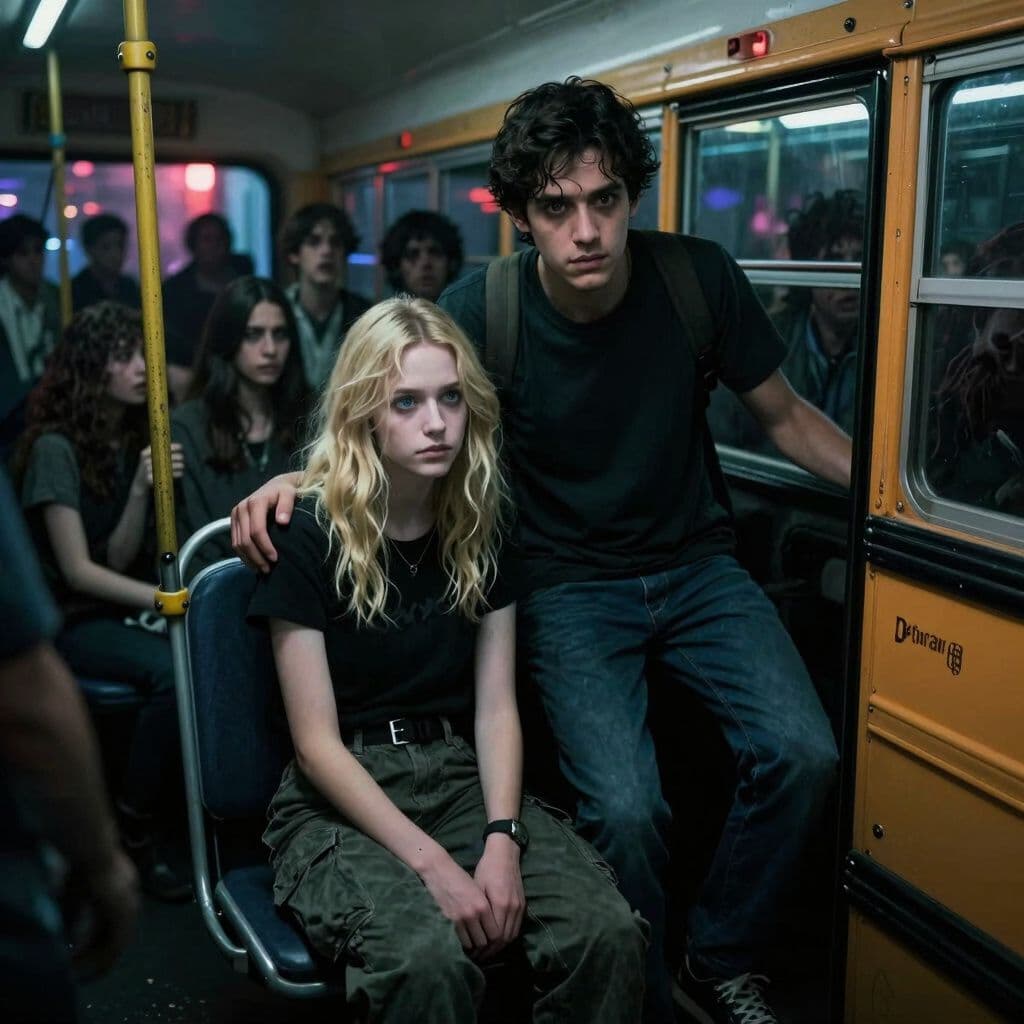 Surreal dream scene, cinematic and atmospheric, digital art: A slender 18-year-old girl with shoulder-length blonde wolf cut hair, bluish green eyes, wearing dark cargo pants and a black Y2K shirt, sits on a crowded, dimly lit school bus next to a comforting tall Mexican young man with dark brown hair and brown eyes in a t-shirt and jeans, as they prepare to enter a creepy, dimly illuminated store filled with bustling, suspicious-looking people and flashing lights.