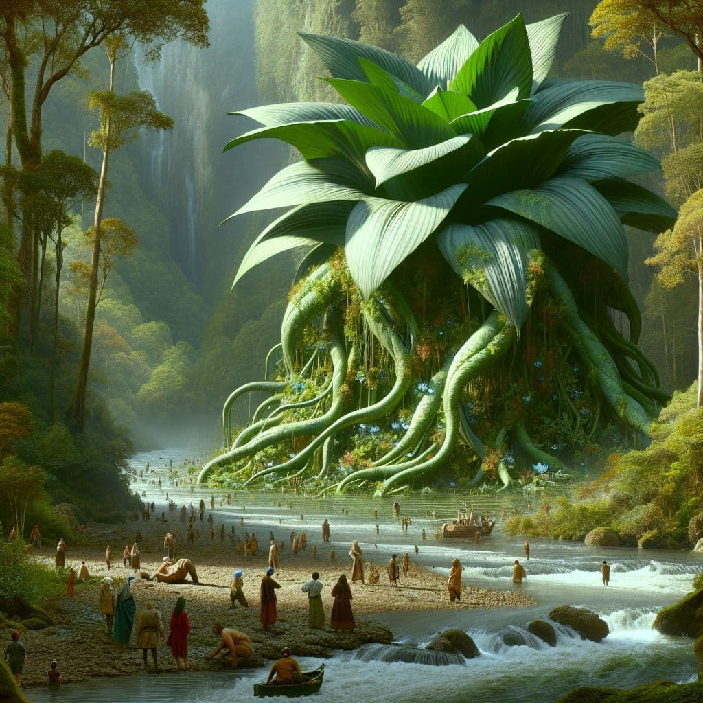 Digital art 4k scene from a movie: Generate an image of a giant plant in a forest by a river, surrounded by smaller plant friends merging together into one being, causing it to become overpowering and strange looking to passersby who try to climb and jump on it.