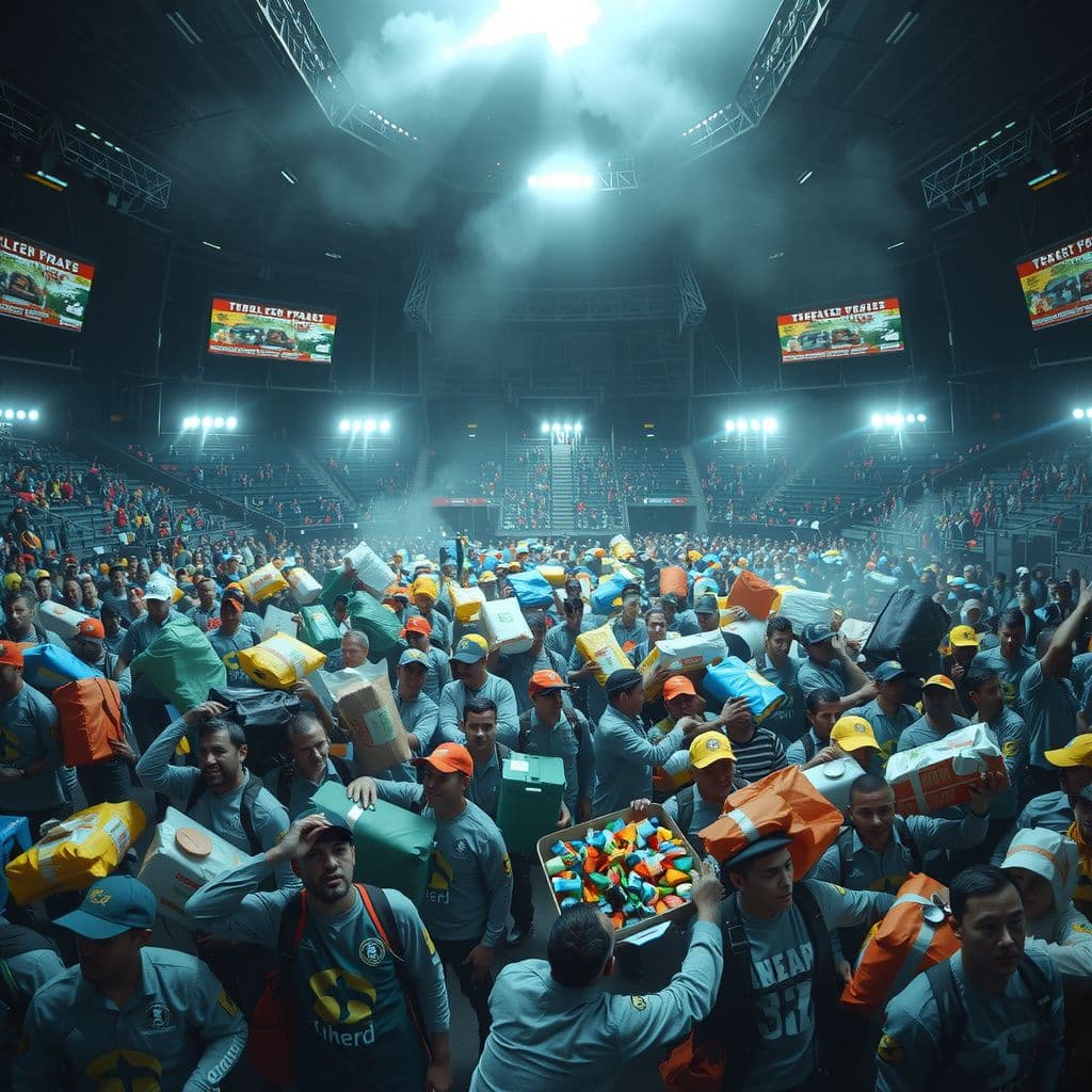 Surreal dream scene, cinematic and atmospheric, digital art: A surreal scene in a crowded stadium filled with diverse teams scrambling to gather colorful supplies for a strange survival competition, surrounded by towering bleachers under an ominous stormy sky.