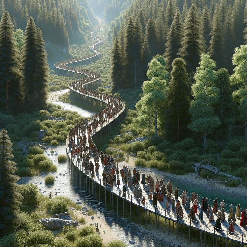 Digital art 4k scene from a movie: An image of a long, winding bridge stretching through a dense forest with a line of people carefully walking across, surrounded by the sounds of chatter and laughter.