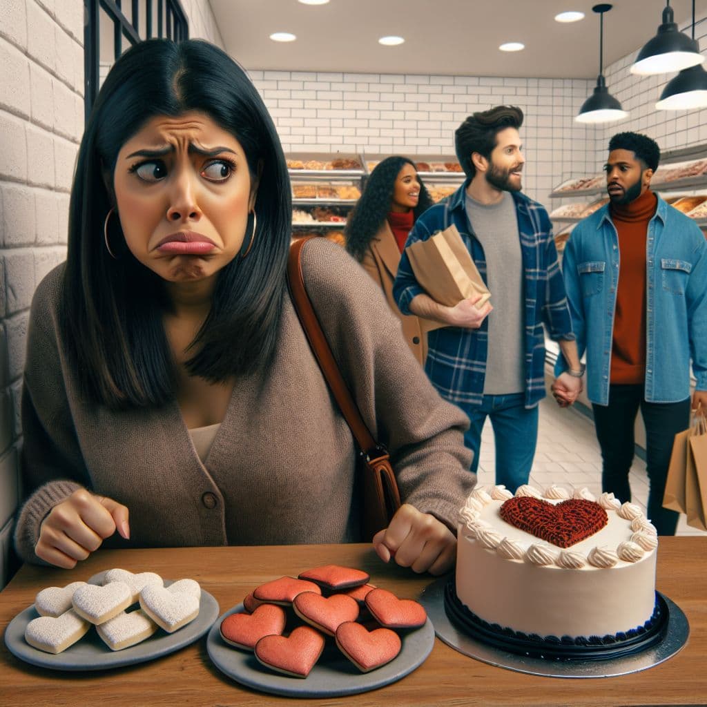 Digital art 4k scene from a movie: Generate an image of a woman nervously pacing back and forth in a bakery, anxiously waiting for her Valentine's Day heart cake and heart-shaped cookies to be ready for her boyfriend, with a disappointed expression as she watches others leaving with their treats.