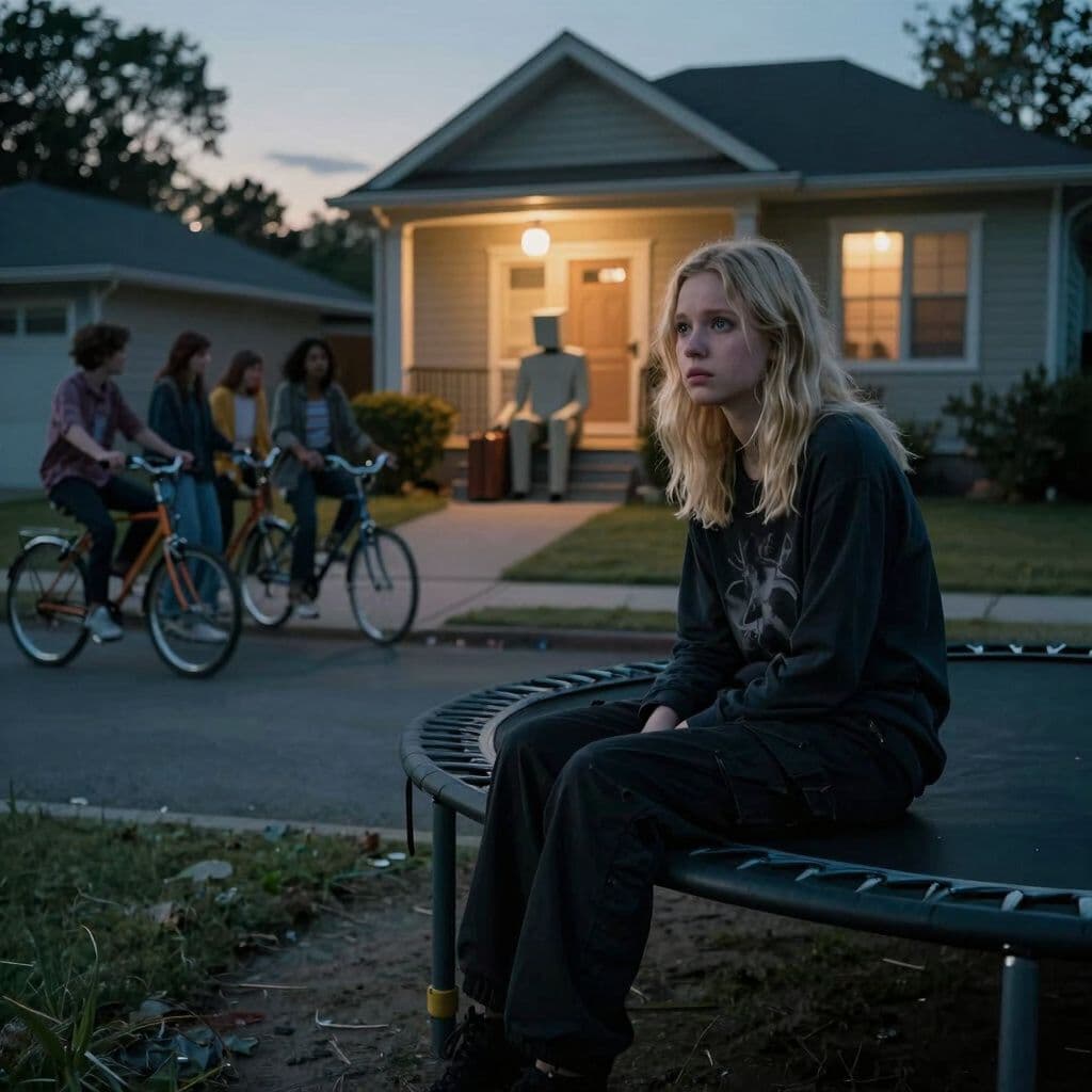Surreal dream scene, cinematic and atmospheric, digital art: A blonde girl with bluish eyes, shoulder-length wolf cut hair, wearing black cargo pants and a dark long-sleeve emo shirt, sits on a trampoline outside a suburban house at dusk, looking worried as she searches the empty street, with a group of three friends on bikes nearby and a surreal figure shaped like a square man with no arms or legs sitting on front steps holding a suitcase under warm streetlights.