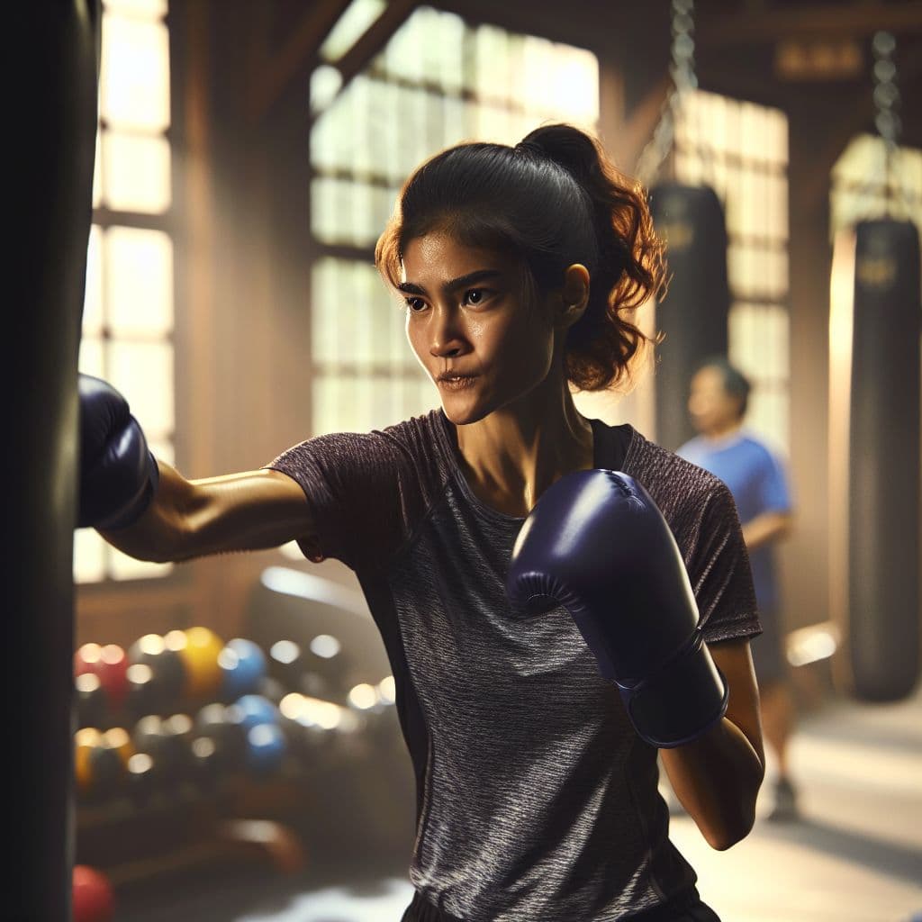 Digital art 4k scene from a movie: A person throwing a powerful punch at a punching bag in a gym, the focus and determination evident in their stance and expression.