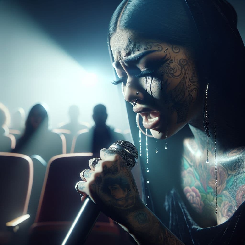 Surreal dream scene, cinematic and atmospheric, digital art: A female rapper with face tattoos and dark circles under her eyes performs emotionally on a dimly lit stage, tears streaming down her face as the audience feels her pain.