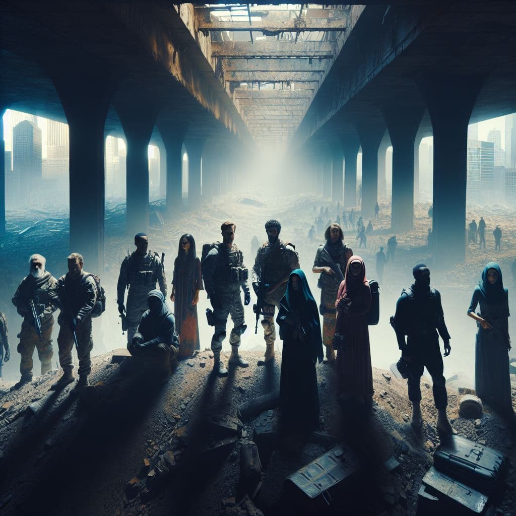 Digital art 4k scene from a movie: In a dark, desolate underground city, a small group of humans navigates the abandoned floors in search of supplies, always on alert for sneaky humanoid robots trying to pass as one of them.