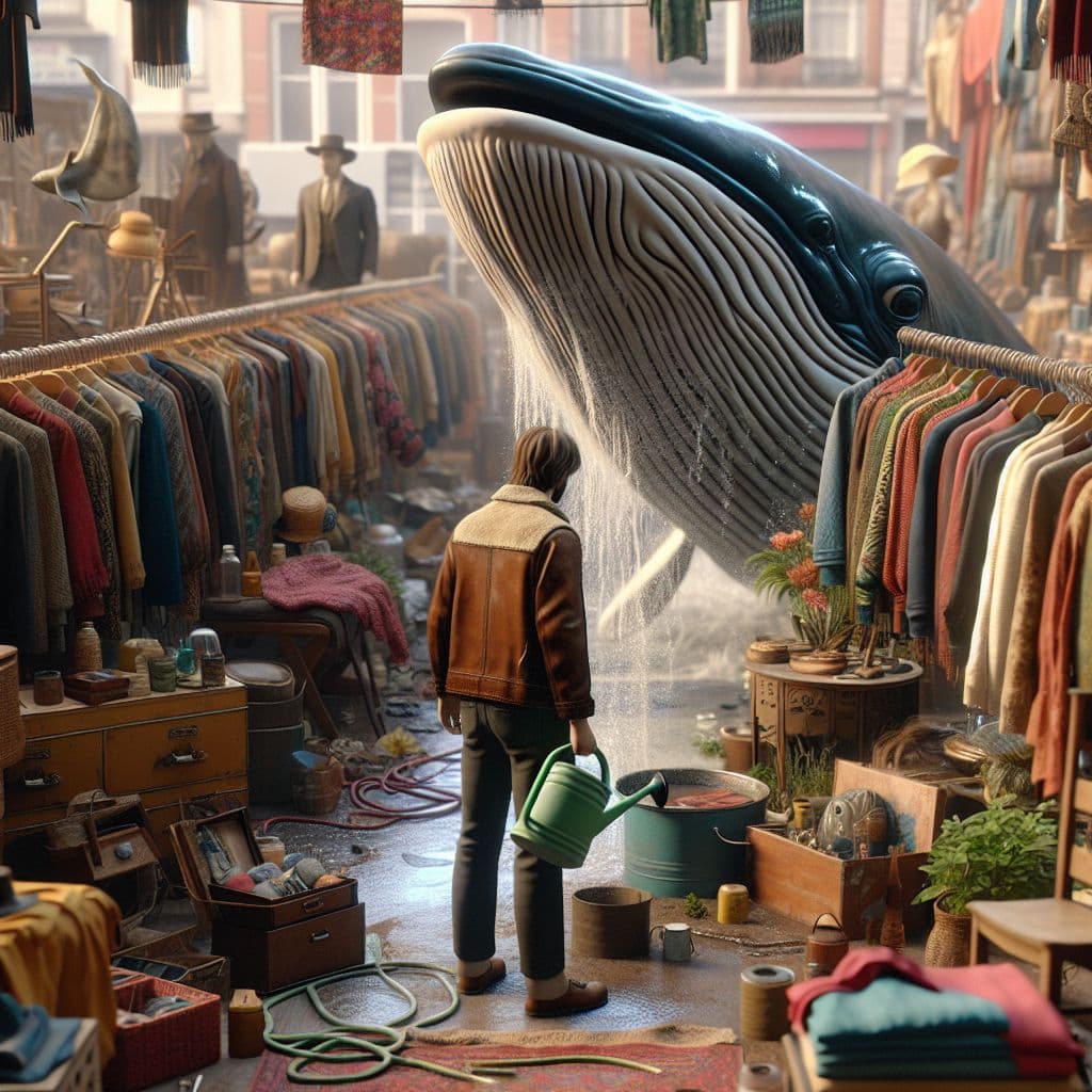 Digital art 4k scene from a movie: An individual visits their boyfriend's garage sale, admiring the clothes and other items for sale before unexpectedly finding themselves helping to water a star whale fish statue in a potentially dangerous situation.